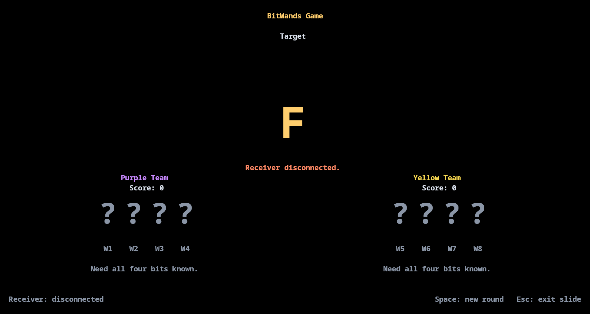term_pres screenshot showing the BitWands game slide with target letter and team status panels